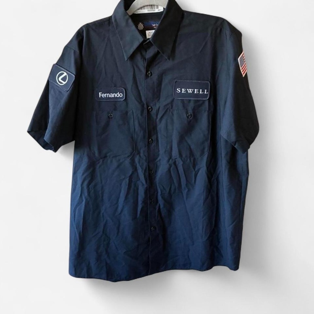 Navy button up work uniform shirt with embroidered name, logo & flag patch Sz S